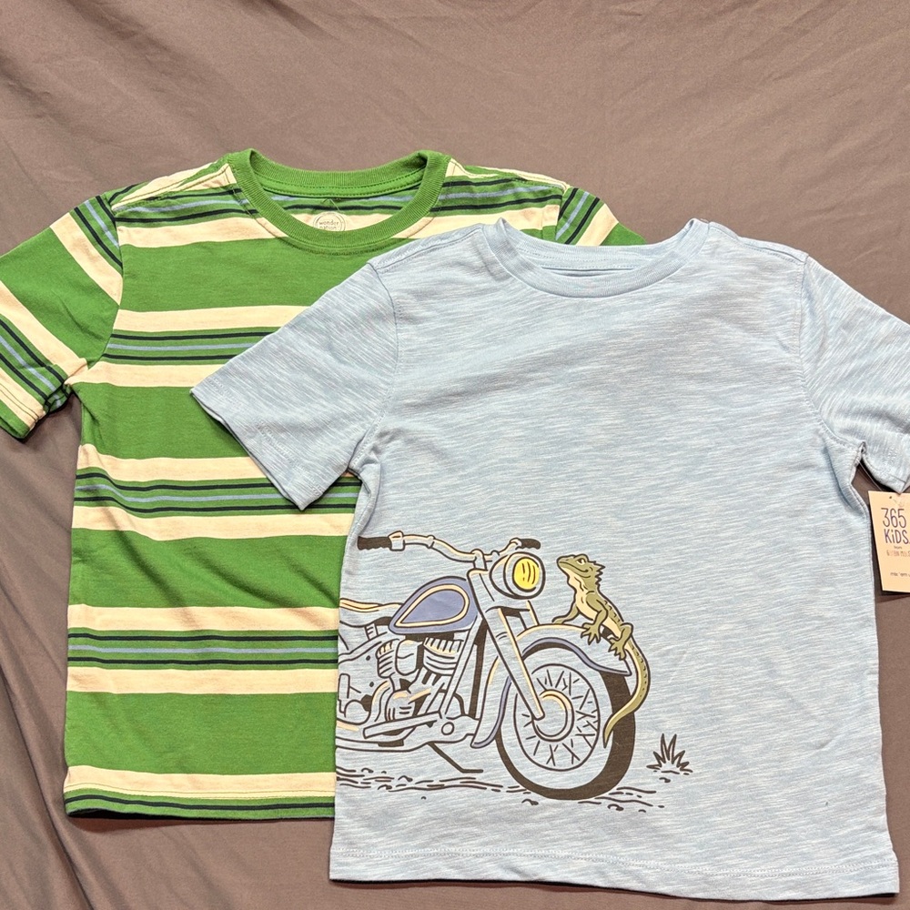 2-pack Boys Tees NWT Green Striped and Blue Motorcycle Graphic Tee Set